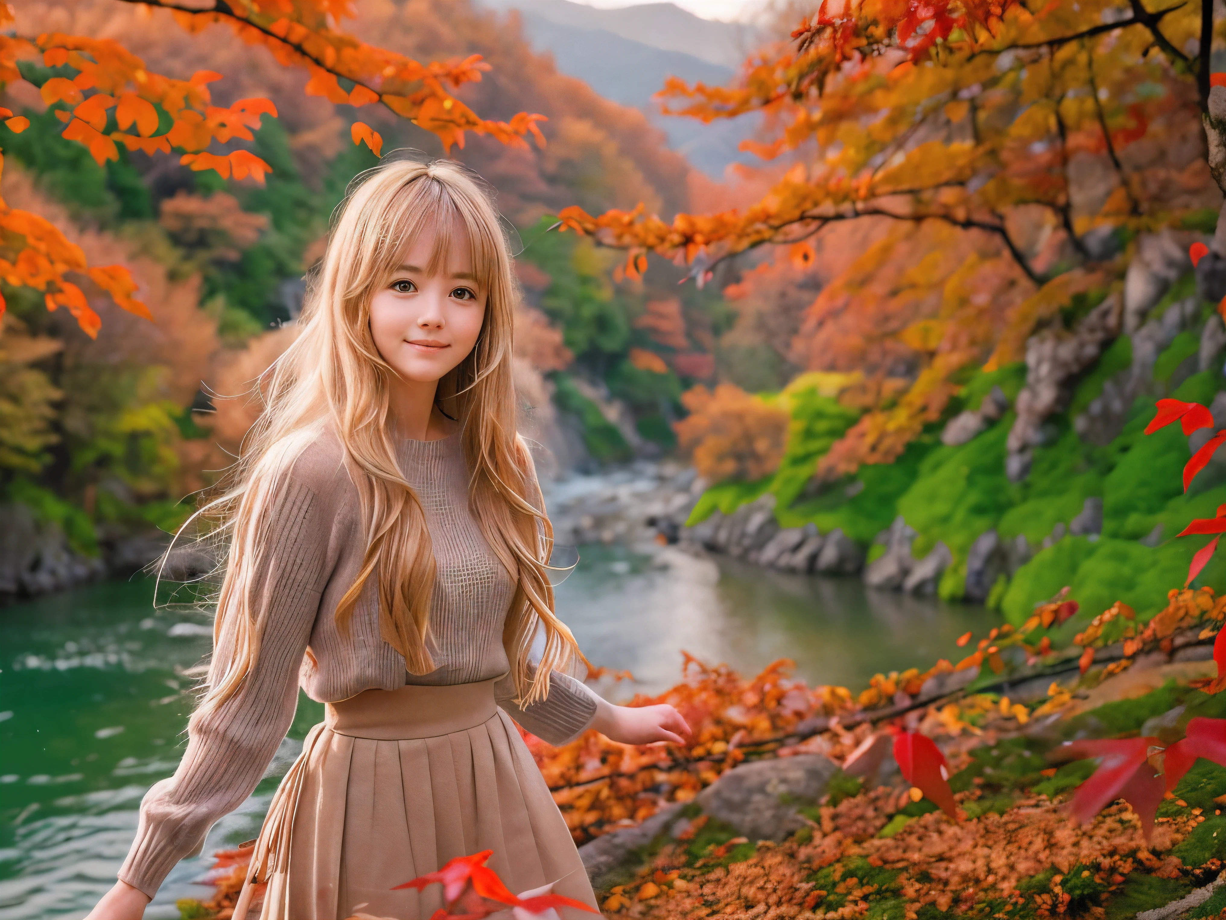 (Close up face shot of one slender small breasts half up blonde long hair with bangs girl in a long sleeves shirt and sweater and skirt:1.5)、(One blonde hair girl is dancing with small smile on the dart road near the lake and big waterfall in Japan:1.5)、(Beautiful autumn red leaves landscape:1.5)、(Natural light:1.5)、(8k ultra detailed master piece:1.5)、(perfect anatomy:1.5)、(Photorealistic stick:1.5)、(Raw photo:1.3)、(highest quality:1.5)、(High resolution:1.3)、(Delicate and beautiful perfect face:1.3)、(Delicate and beautiful eye air skin:1.3)、(Real Human Skin:1.3)、((thin legs))