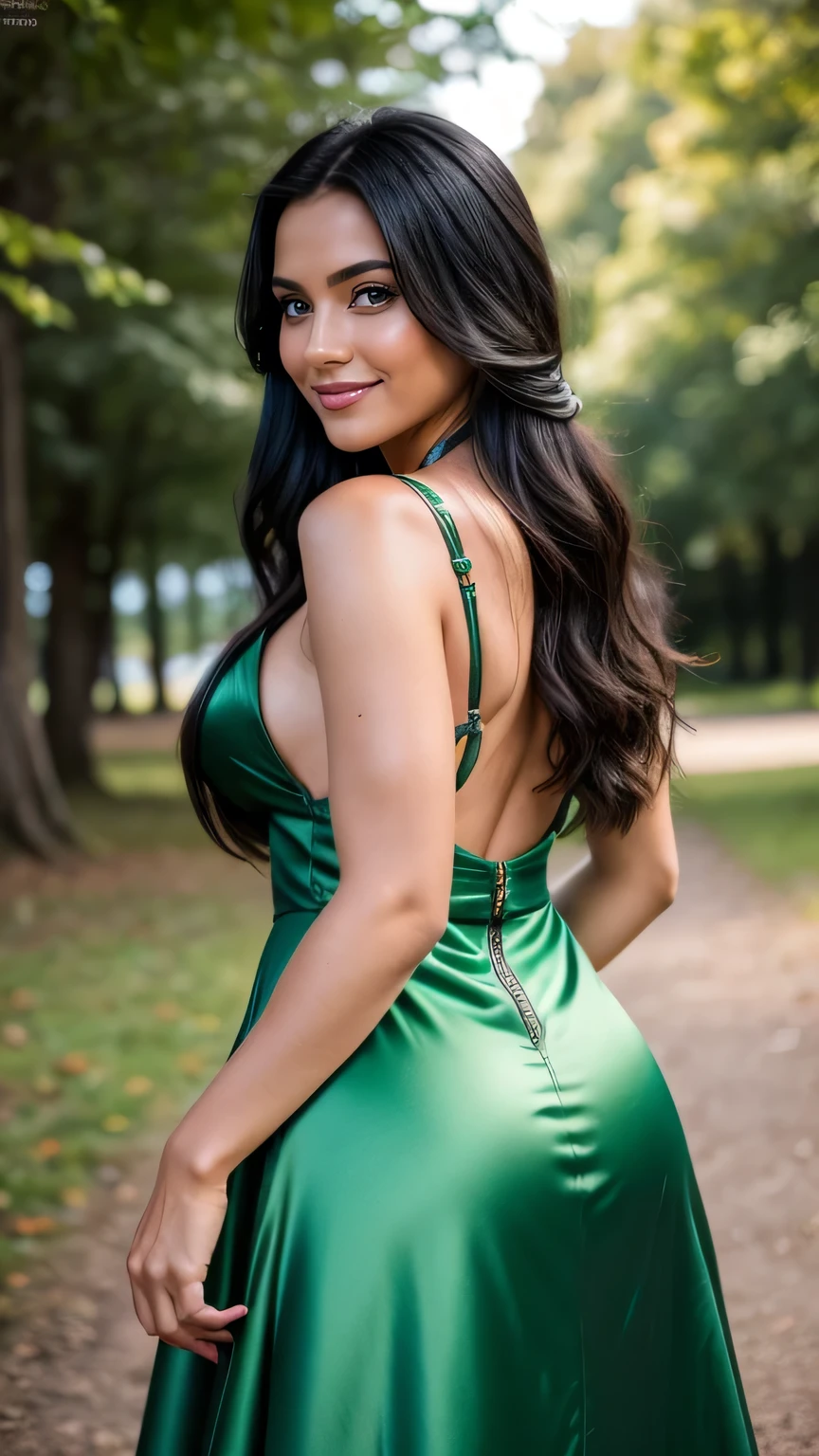 Realistic full body photo of a smiling black haired American Indian woman with long hair, She dances in front of the camera in a long A-line dress with straps made of shiny green satin., Park,glamour fotoshooting, Wedding celebration, perfect anatomy, perfect brown eyes. Perfect hands with 5 fingers on each hand, Matching girl, look into the camera, 1 Frau. (Eye make up:1.1), (highly detailed skin:1.1), spirit, analog style, keen focus, 8K UHD, dslr, good quality, Fujifilm XT3, Grain, Award-winning, masterpiece. Wedding celebration. She stands in the park and looks over her shoulder into the camera. back