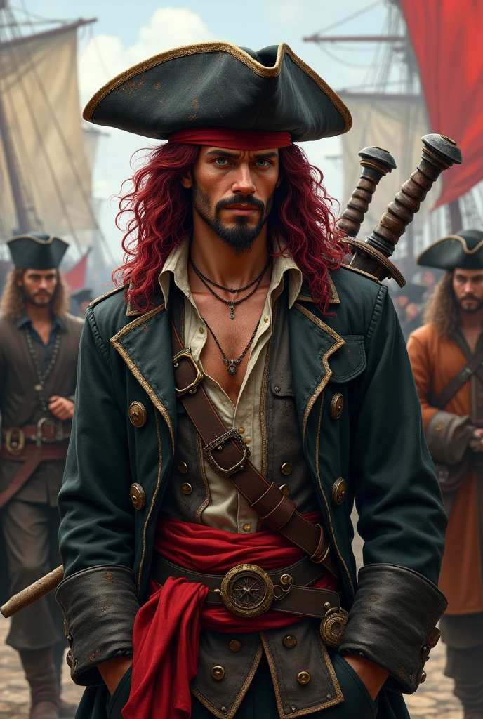 Crea un immagine di un pirata intero di razza umana per d&d. A 20 year old male pirate with long curly, garnet red hair., a goatee and a garnet red moustache and dark green eyes. He wears a black leather battered hat, porta un  trench coat in stile piratesco, with a light shirt and a ruined vest underneath. In life he wears a red sash with a belt and two bastard swords on his back., in the background a pirate port. He is celebrating with other sailors at the port