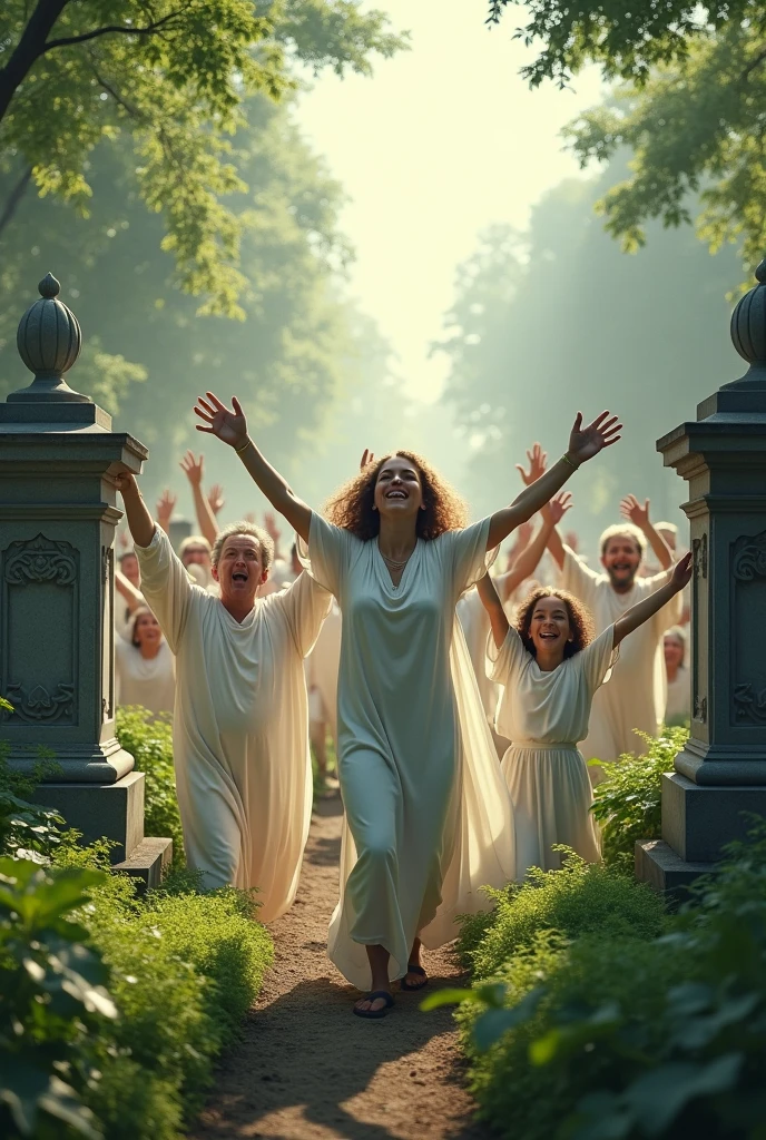 create women, Men and children emerging from their graves, some with their hands raised, looking normal and cheerful dressed in white clothes in a beautiful cemetery on the day