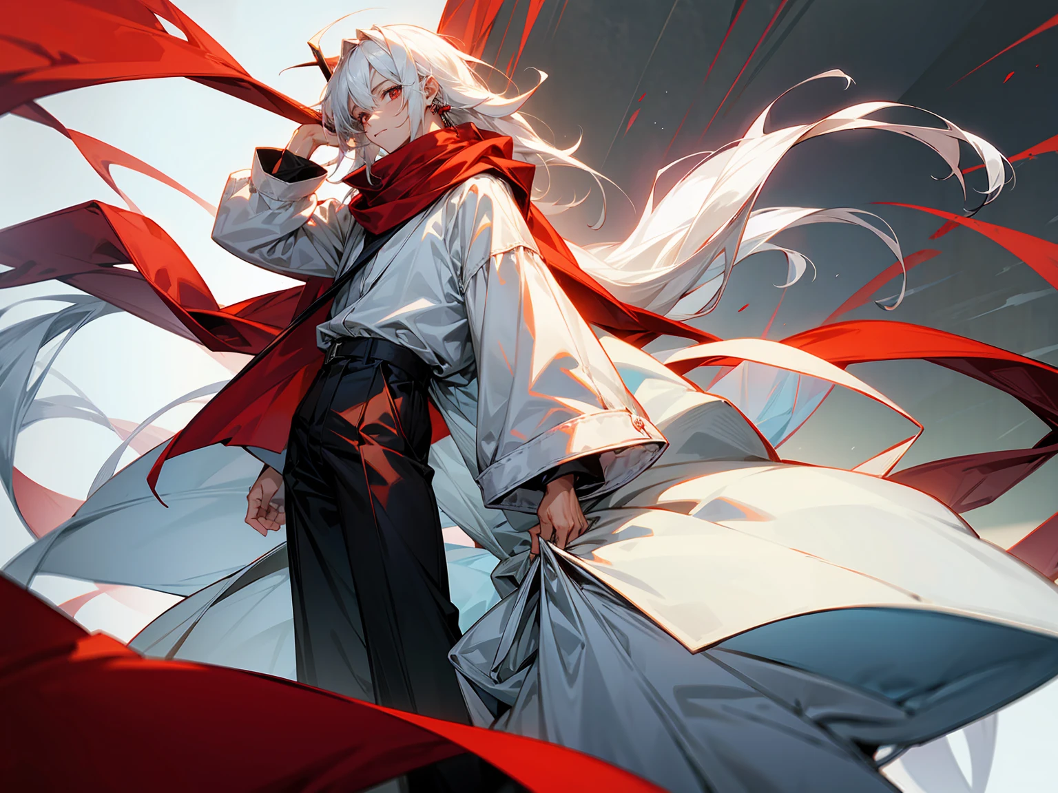 1male, Adult, Long White Hair, White Baggy Long Sleeve Shirt, Baggy Black Pants, Red Eyes, Red Scarf, Earring, Masculine