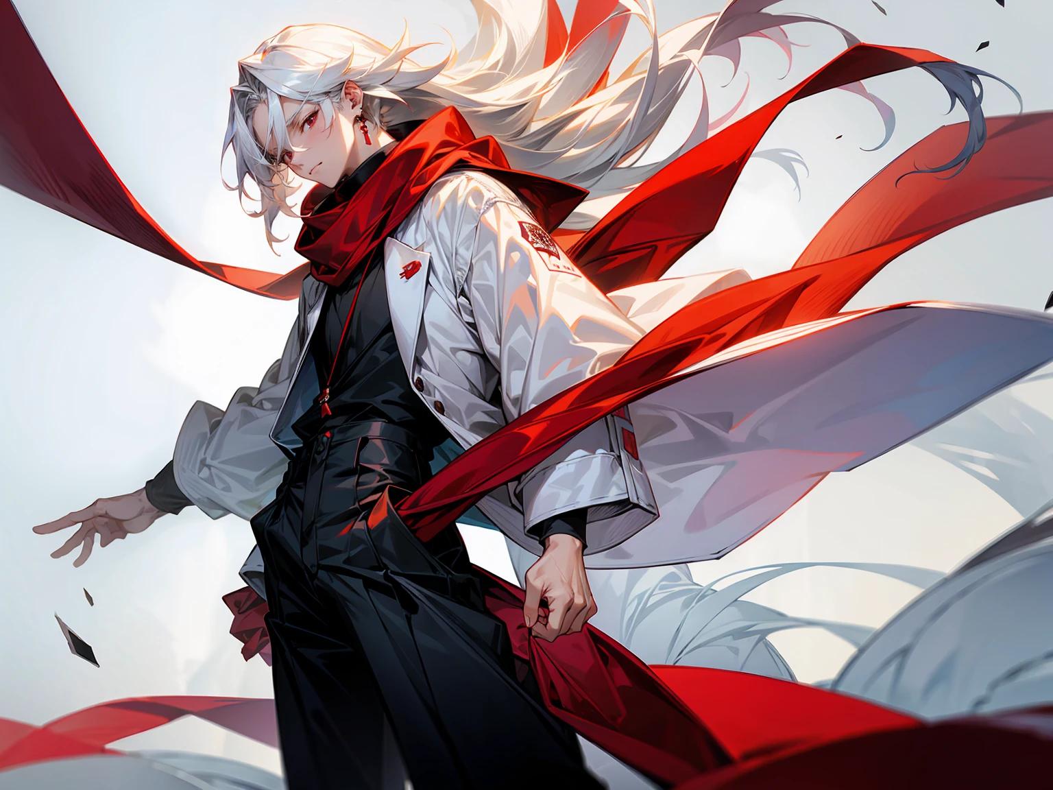 1male, Adult, Long White Hair, White Baggy Long Sleeve Shirt, Baggy Black Pants, Red Eyes, Red Scarf, Earring, Masculine