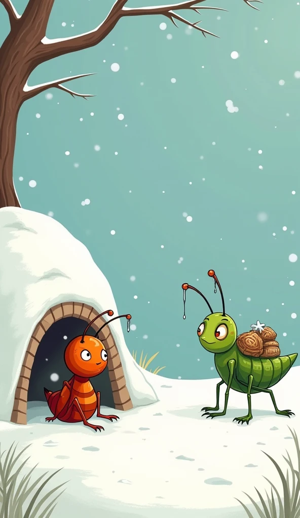 Snow falls, covering the meadow. The ant is inside its warm home, while the grasshopper is outside, shivering.
Show as cartoons