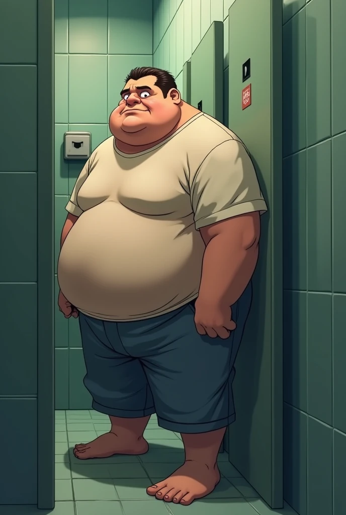 2d image version anime hentai about an ugly fat guy with a camera in his hand peeking into a bathroom stall