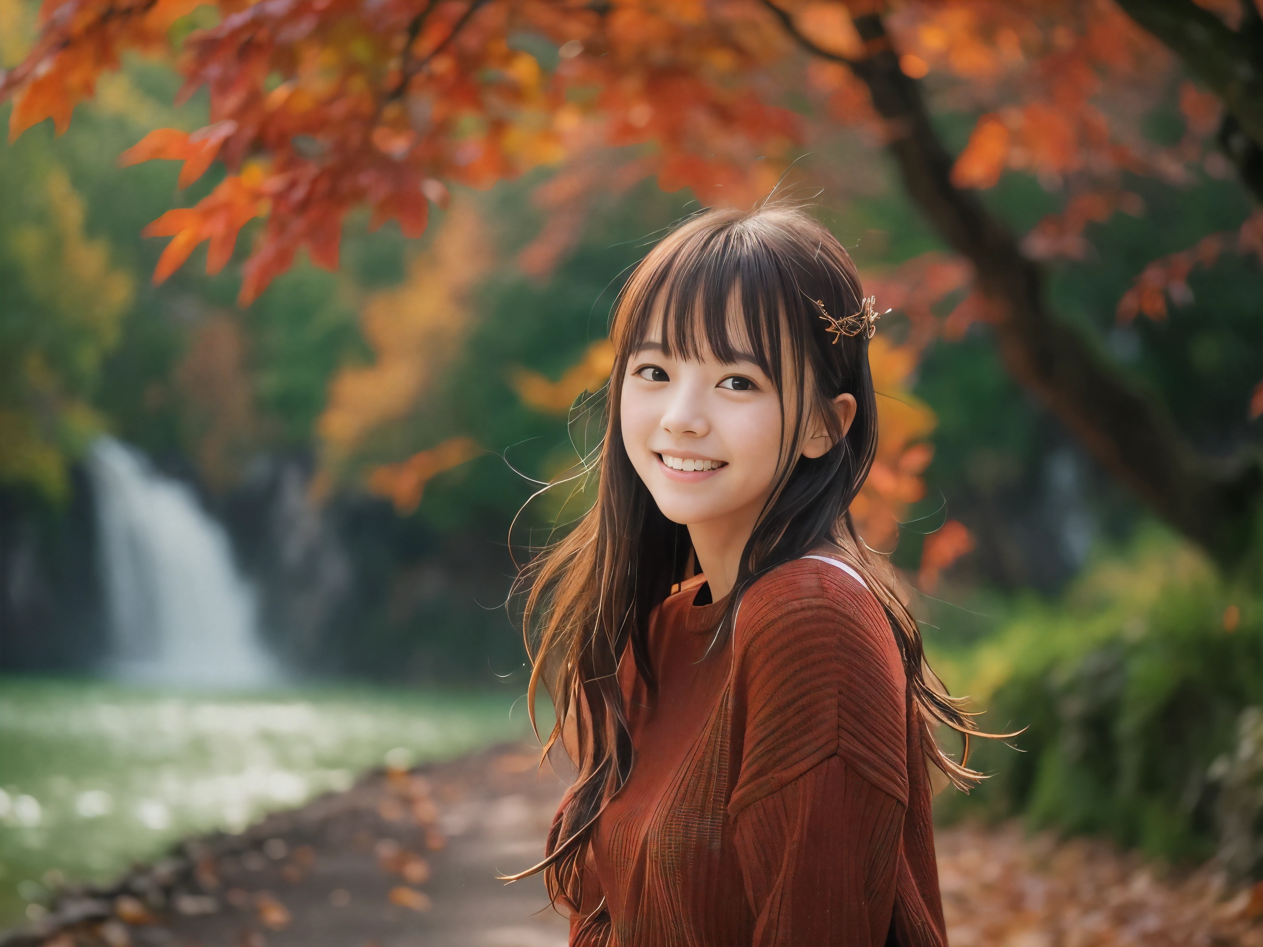 (Close up face shot of one slender small breasts half up brown long hair with bangs girl in a long sleeves shirt and sweater and skirt:1.5)、(One girl is dancing with happy smile on the dart road near the lake and big waterfall in Japan:1.5)、(Beautiful autumn red leaves landscpe:1.5)、(Natural light:1.5)、(8k ultra detailed master piece:1.5)、(perfect anatomy:1.5)、(Photorealistic stick:1.5)、(Raw photo:1.3)、(highest quality:1.5)、(High resolution:1.3)、(Delicate and beautiful perfect face:1.3)、(Delicate and beautiful eye air skin:1.3)、(Real Human Skin:1.3)、((thin legs))