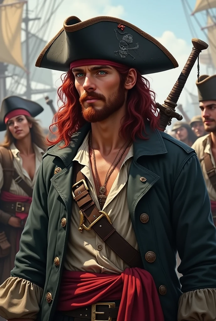 Crea un immagine di un pirata intero di razza umana per d&d. A 20 year old male pirate with long curly, garnet red hair., a goatee and a garnet red moustache and dark green eyes. He wears a black leather battered hat, porta un trench coat in stile piratesco, with a light shirt and a ruined vest underneath. In life he wears a red sash with a belt and two bastard swords on his back., in the background a pirate port. He is celebrating with other sailors at the port