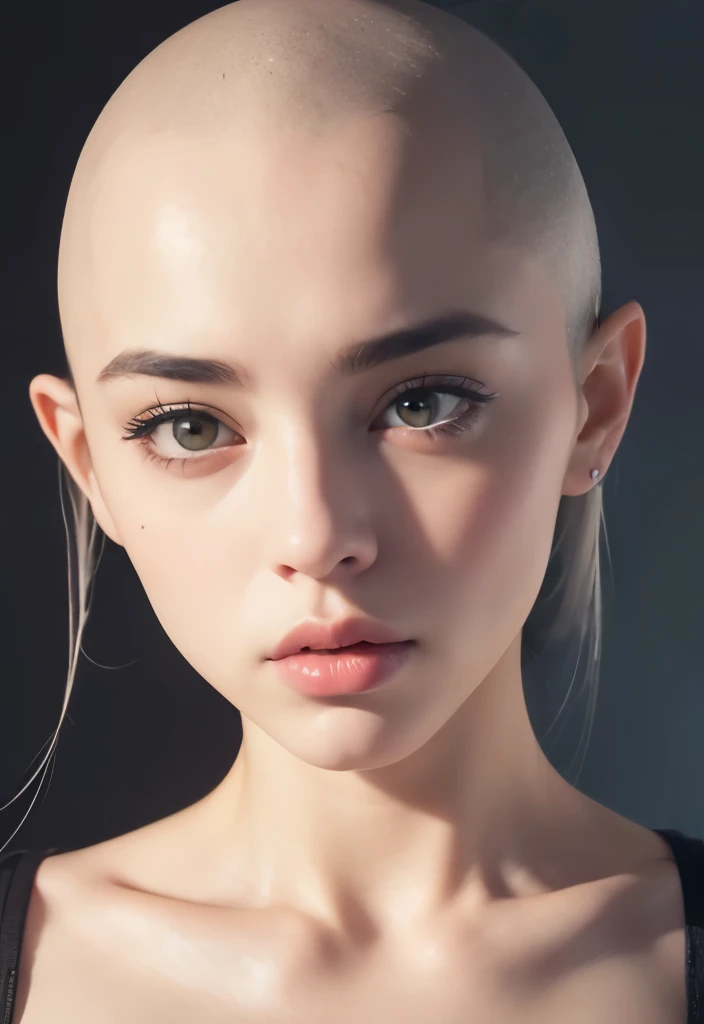 Passport style photo facing forward, Brightly lit front facing Bald Billie eilish Attractive female woman front view, front view focus on face, portrait , face portrait close up, facing the viewer, maintains eye contact, close-up, bald beauty, face centered, symmetrical face, beautiful lips, white skinned sexy griffon female griffon alien no hair her head, with a sexy knock out body, large saggy tits, (Her face is gorgeous), Her skin is smooth, moist, and glossy, perky sharp ears, clean lines, photoshoot, no background, sexual soft skin, sexy extraterrestrials,she has plump juicy lips,