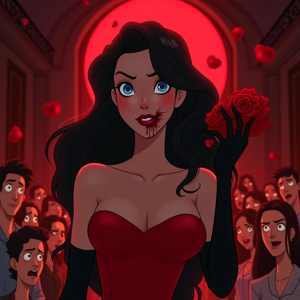 Disney animation of a beautiful woman with intense blue eyes, with tight red dress with black gloves, jet black hair in waves, angelic face. She is smiling evilly with blood on her face, Behind her there are scared and surprised people. red glow, with roses falling on her.