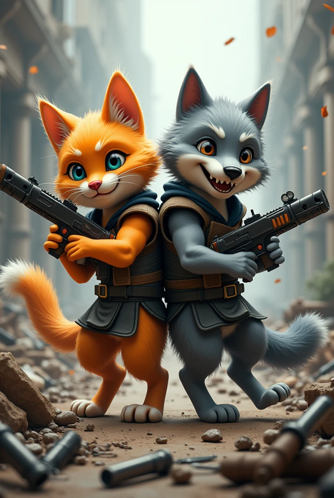 A photo of a laughing orange cat and a smiling wolf in a war with weapons covering each other&#39;s backs 