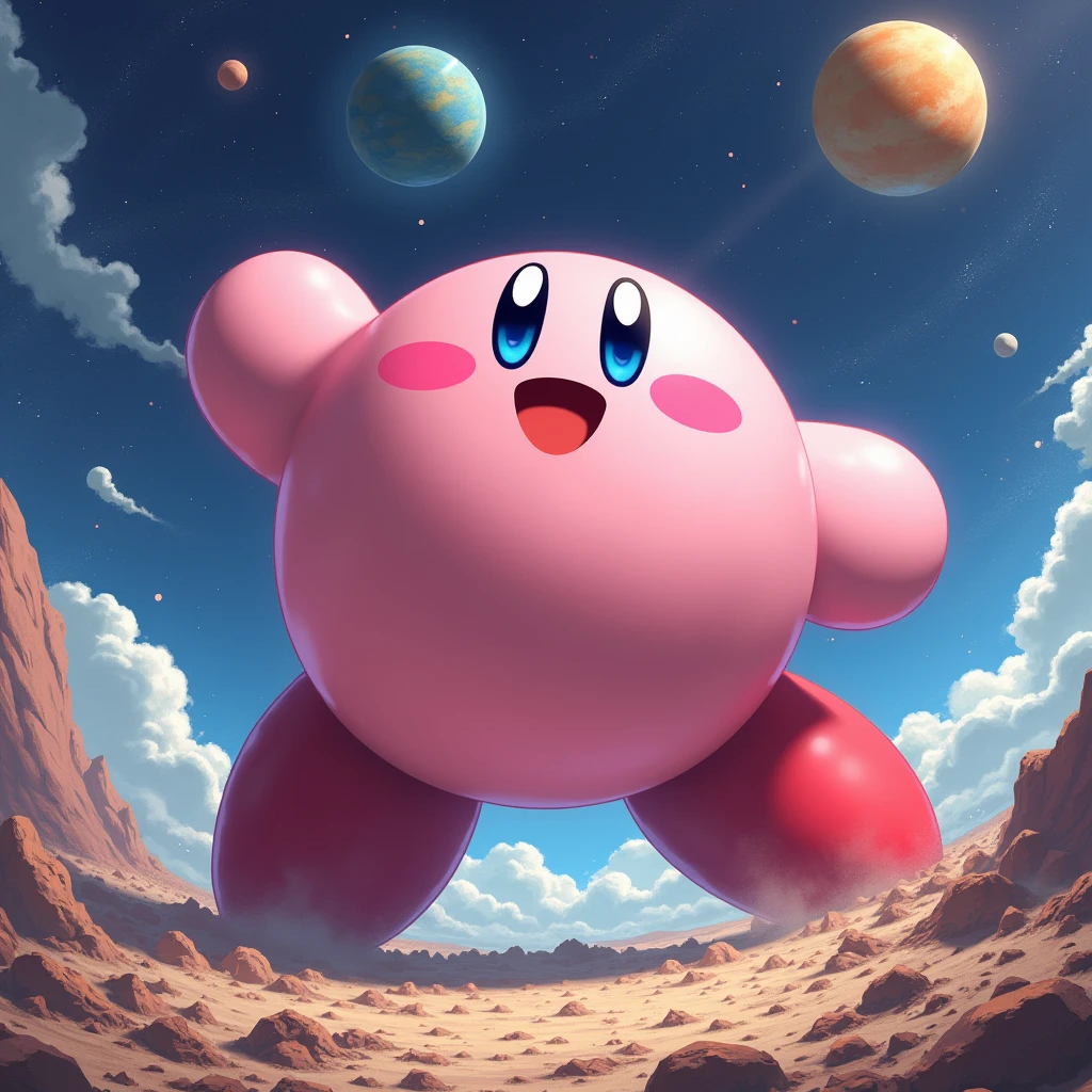 huge星之卡比、masterpiece、best quality、huge、huge星之卡比的脚、Smile、Round pink body、Lovely、Anime Illustrations、一个太阳系中的月球在脚下被huge星之卡比摧毁、Low Angle、Walk、A looming、I can see my feet、Draw a Kirby with great fanfare、huge星之卡比、huge卡比、Destroyed Earth、Destroyed Mars、In the solar system in the universe、Destructive illustration