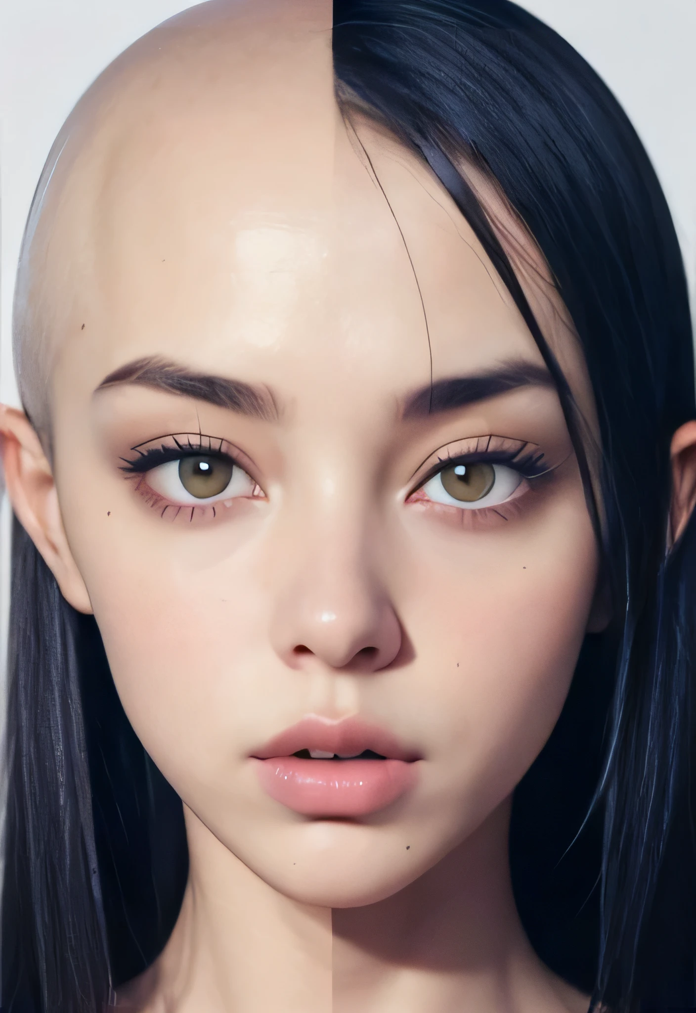 Passport style photo facing forward, Brightly lit front facing Bald Billie eilish Attractive female woman front view, front view focus on face, portrait , face portrait close up, facing the viewer, maintains eye contact, close-up, bald beauty, face centered, symmetrical face, beautiful lips, white skinned sexy griffon female griffon alien no hair her head, with a sexy knock out body, large saggy tits, (Her face is gorgeous), Her skin is smooth, moist, and glossy, perky sharp ears, clean lines, photoshoot, no background, sexual soft skin, sexy extraterrestrials,she has plump juicy lips,