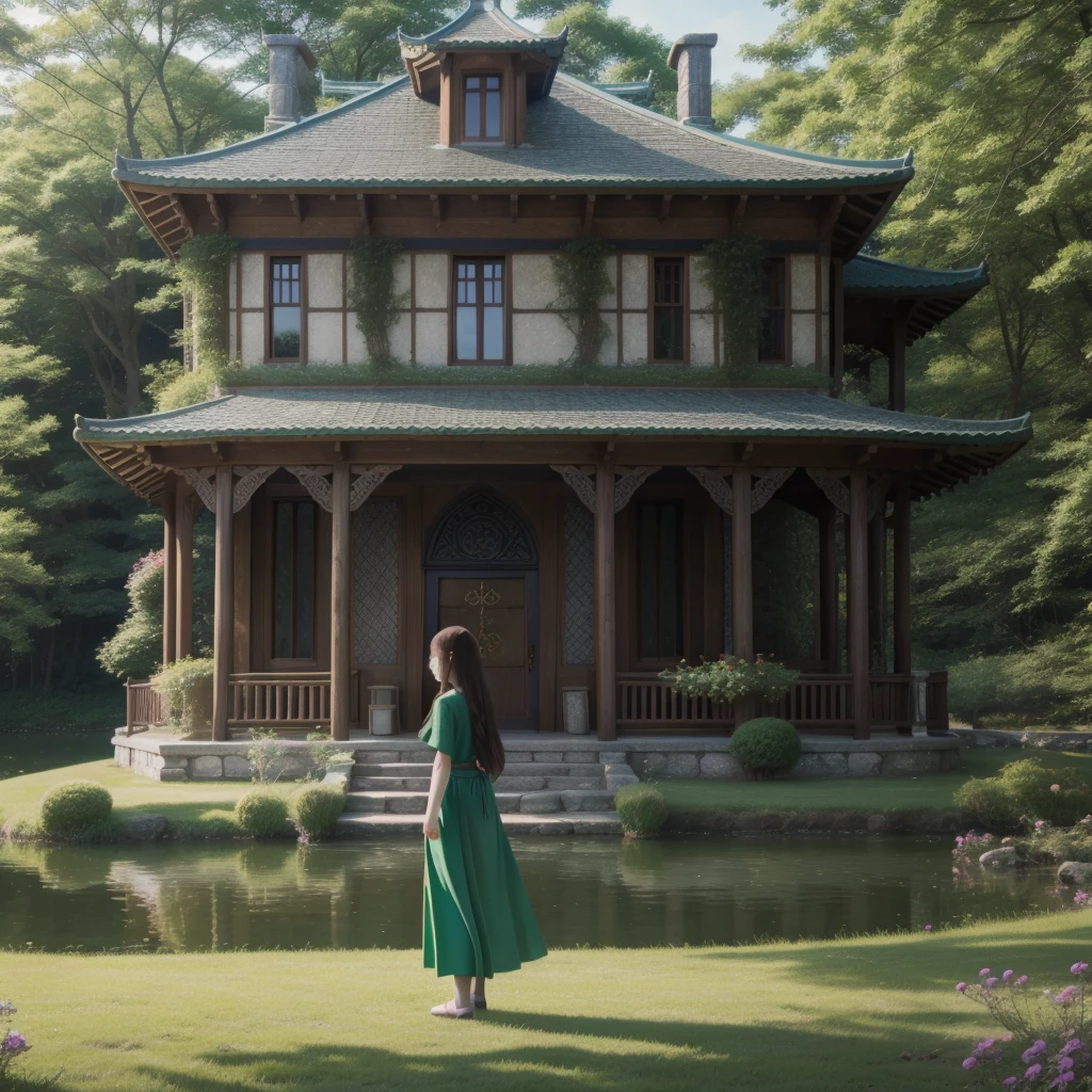 Highest quality、Transparent drawing、Girl standing in a Celtic castle by a lake。Celtic mythological priestess in long dress、House of Taiki、There are fairies flying around、