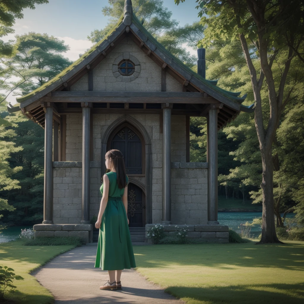 Highest quality、Transparent drawing、Girl standing in a Celtic castle by a lake。Celtic mythological priestess in long dress、House of Taiki、There are fairies flying around、