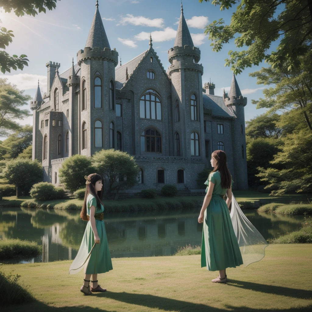 Highest quality、Transparent drawing、Girl standing in a Celtic castle by a lake。Celtic mythological priestess in long dress、House of Taiki、There are fairies flying around、