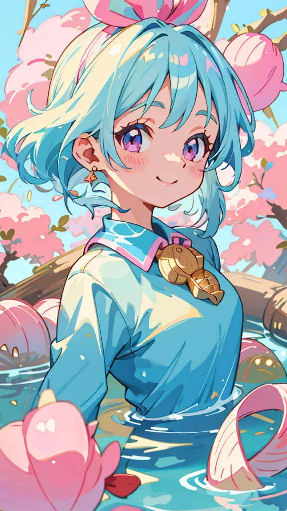 1 person、Anime style painting、Light blue hair、Pink Eyes、Synchronized Swimming Costume、Acorns、smile、Upper body close-up、(Highest quality, High resolution:1.2, Very detailed)
