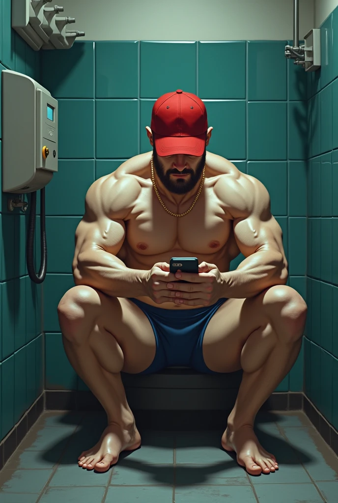 Strong, muscular white gas station attendant sitting on the bathroom floor in navy blue underwear, red cap and discreet gold chain around the neck, Looking at cell phone, Being watched by a man sitting on the bench.