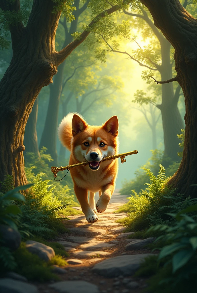 The dog entering the forest through the path surrounded by tall trees with the golden key in his mouth