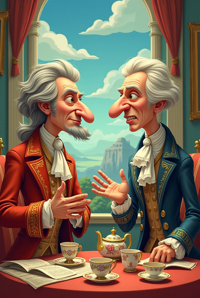 Jean Philippe Rameau and Domenico Scarlatti drinking tea and discussing music in cartoon style