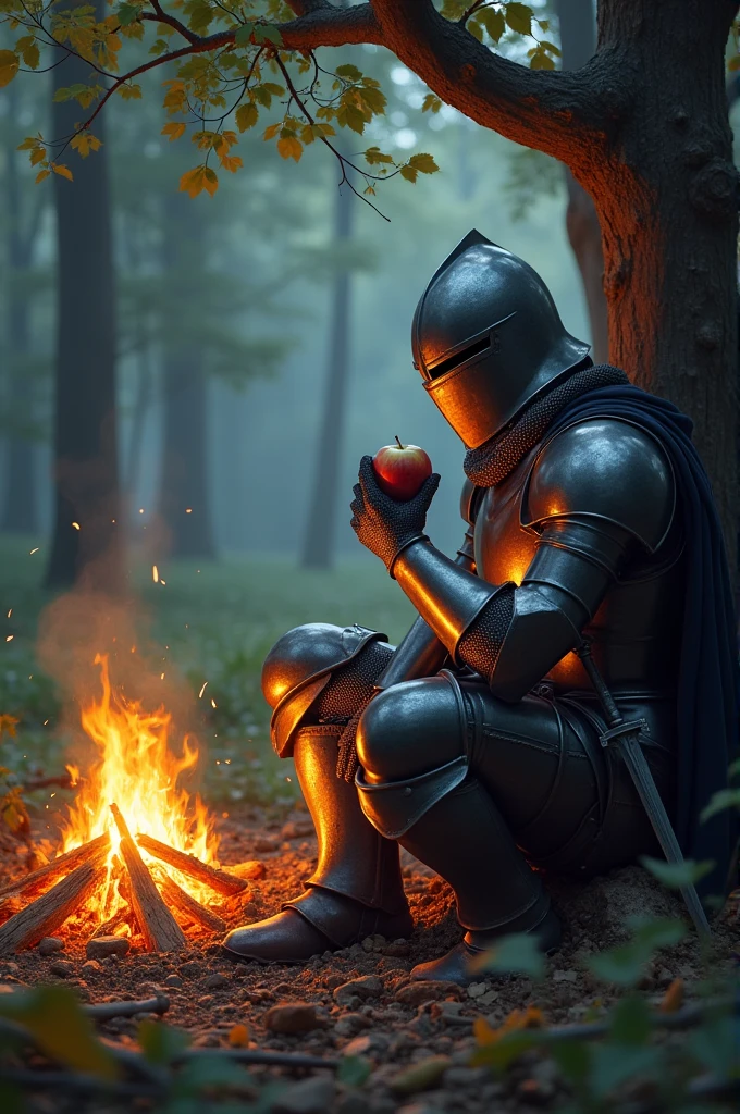 Knight with a helmet eats an apple by a fire near a tree