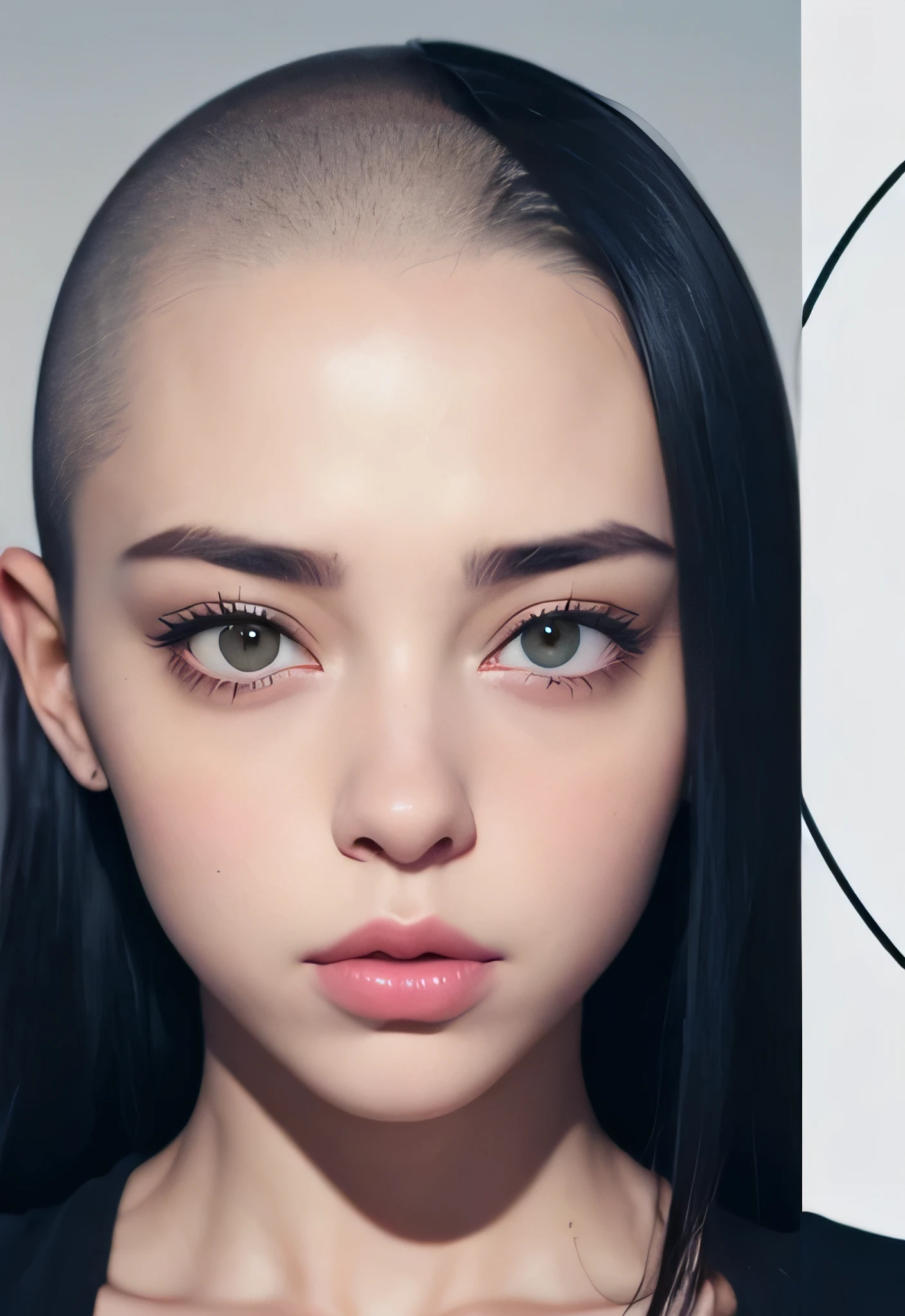 Passport style photo facing forward, Brightly lit front facing Bald Billie eilish Attractive female woman front view, front view focus on face, portrait , face portrait close up, facing the viewer, maintains eye contact, close-up, bald beauty, face centered, symmetrical face, beautiful lips, white skinned sexy griffon female griffon alien no hair her head, with a sexy knock out body, large saggy tits, (Her face is gorgeous), Her skin is smooth, moist, and glossy, perky sharp ears, clean lines, photoshoot, no background, sexual soft skin, sexy extraterrestrials,she has plump juicy lips,