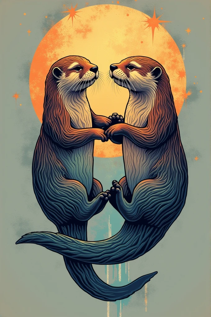Tatoo idea, two otters floatin on their backs, holding hands, tribal and geometrical, colorful, more silhoette, less tribal inside, add the environment or water, how about moonlight
