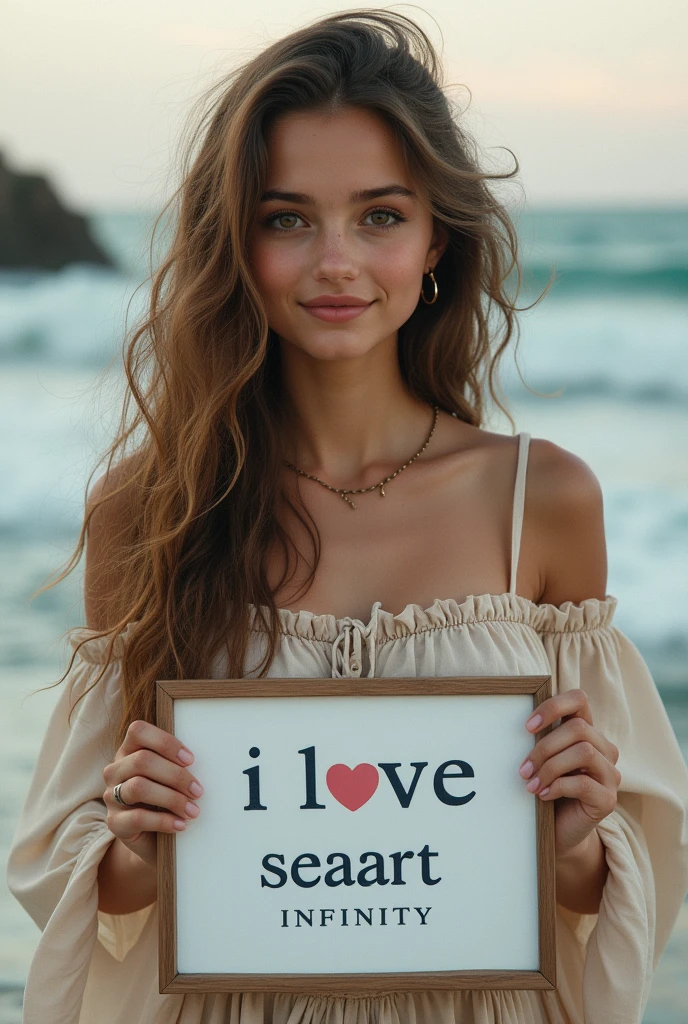 Beautiful girl with wavy long hair, bohemian dress, holding a white board with text "I Love Seaart Infinity" and showing it to the viewer