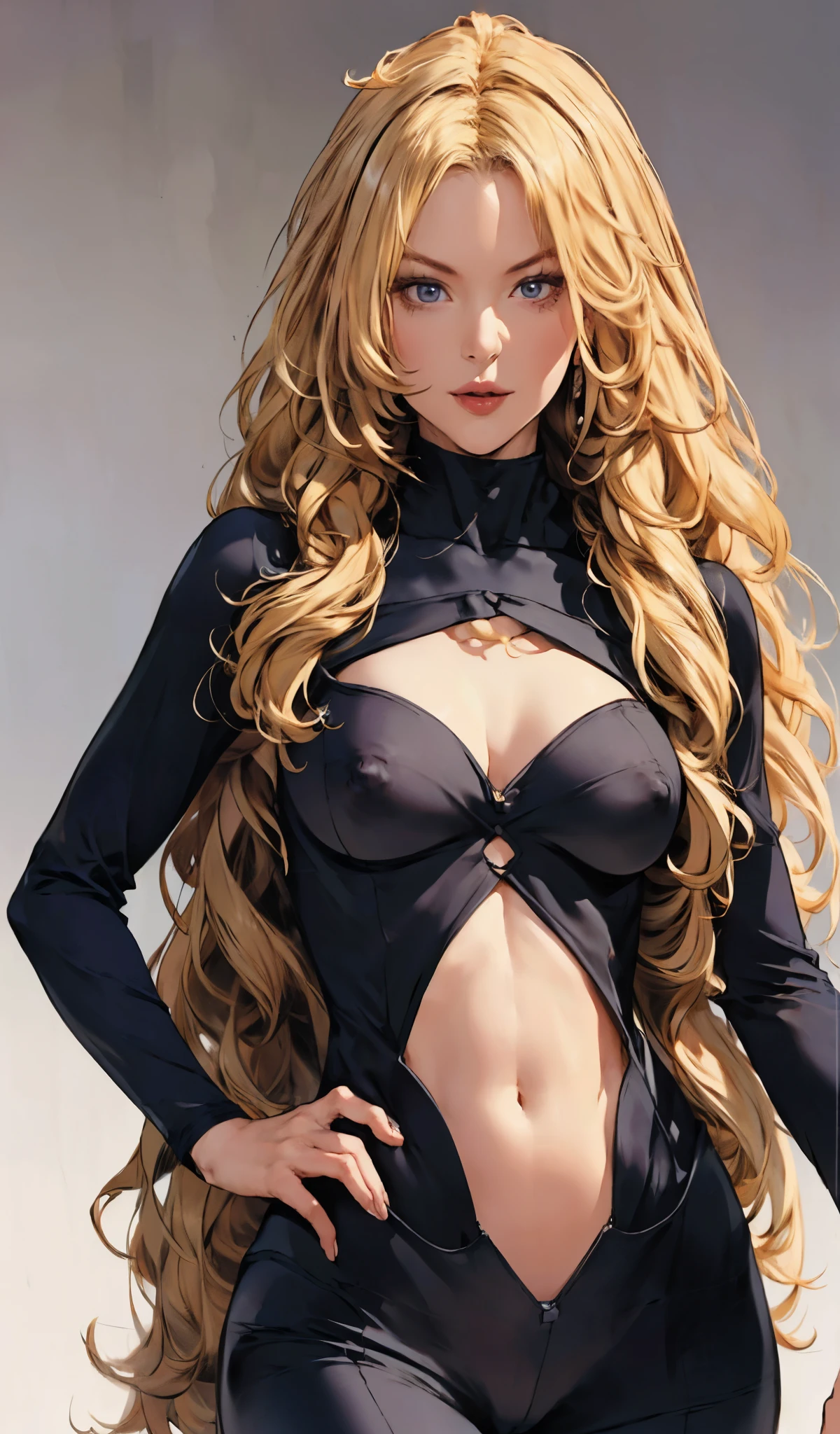 girl wearing fully-open naked silk bodysuit, cleavage, (medium breasts:1.2), erect nipple, (navel:1.2), detailed face, looking at viewer, (best quality, masterpiece:1.4), detailed skin, detailed eyes, (italian:0.6), (long wavy blonde hair:1.4), (high neck:1.2), beautiful bridge, white cloud, blurry background, (full body:0.4),