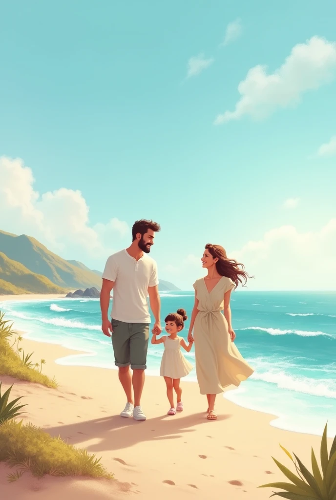 Father and mother walking on the beach with their daughter.