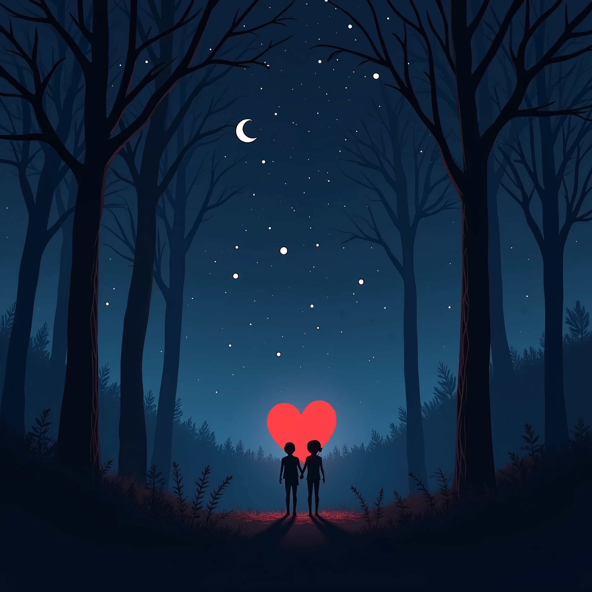 A heart crying while watching the stars at night in the forest