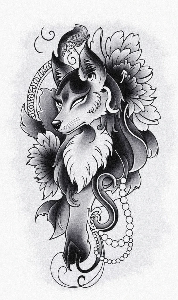 A black work tattoo with oriental style, with a fox inside an old frame and Japanese flowers around it
