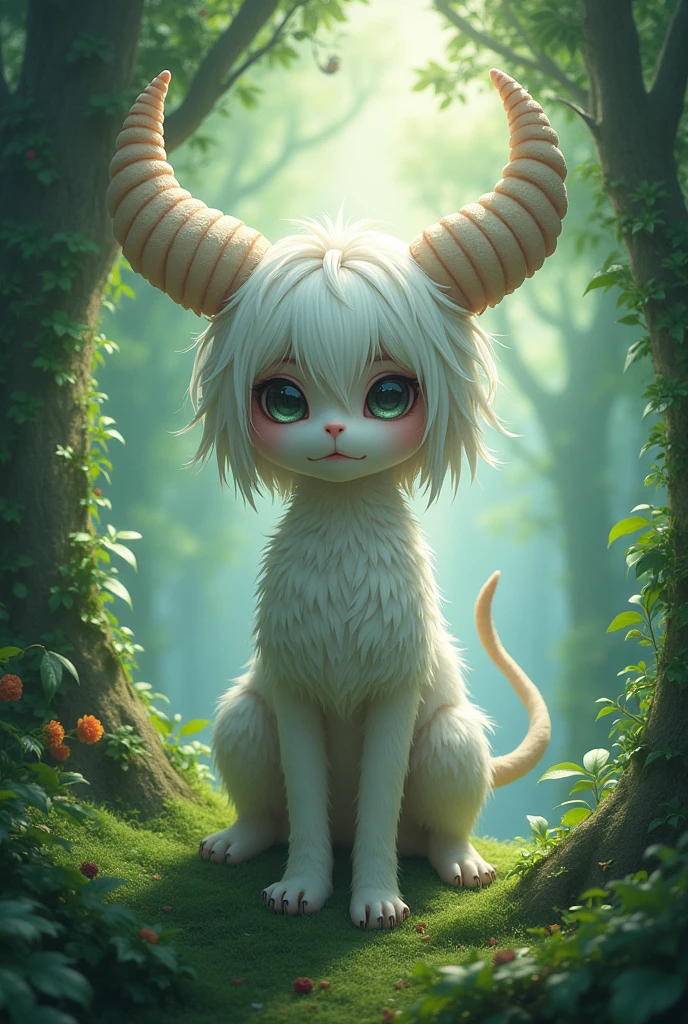 (by kame 3:0.6), (by kemokin mania:0.4), outdoors, forest, foliage, standing BREAK nanachi, narehate, white hair, horned helmet, headdress, bottomless, smile, looking at viewer 