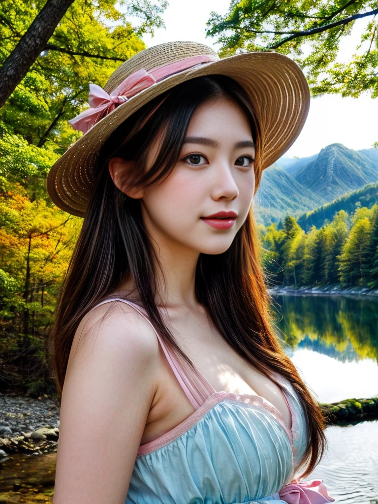 ((tmasterpiece:1.4, best qualtiy,Faraway view:1.4)), (ultra - detailed)+,(watercolor paiting:1.2),((Cute 1girl,Straw hat,blossoms,Light cyan hair,long whitr hair,Aqua blue eyes,Large breasts,Keep your mouth shut,Smiling,(Pink China Goddess Fashion:1.3),Shoulders exposed,Bow knot,Side angle)),Autumn landscape,The leaves are yellow,maple trees,eventide,riverbank,lake reflection,The sky is full of color,Orange-red sunset,The afterglow diverges,Big Mountain,Far Mountain,contours,Scenic beauty,(Warm light source:1.2), (the woods,Bare branches:1.2)(Very detailed CG unification,8k wallpaper),(The best picture quality),(illustratio:1.0)、intricately details, Epic composition、Realistic lighting、high definition detail、(Beautiful wildlife and natural wonders,With glowing lights)