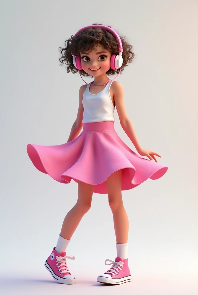 A 6 to  with short curly hair, stylish with a ballerina skirt and pink All Star shoes and headphones