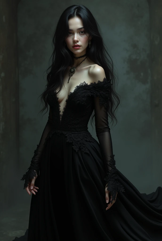 Generate a girl with a face of Madison beer in a long black gothic dress