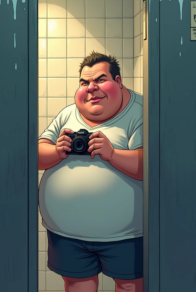 2d image version anime hentai about a fat man with a camera in his hand peeking into a bathroom stall