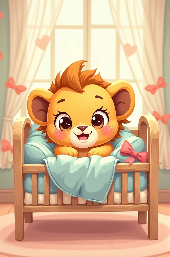 Cartoon of a cute and flirtatious lion cub inside a crib
