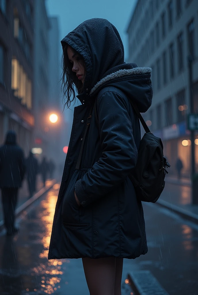 1 girl,night city,rain,coat,hands in pockets, Naked pussy and tits