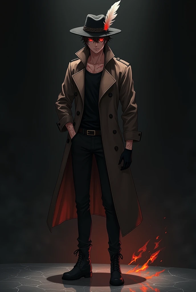 The image is anime style with shadows and dim lights, anime style although somewhat adult and dark, It shows a young 30-year-old man with skin that has some scales and fragmented parts that reveal fire inside.. He wears a dark brown trench coat, a worn black hat with a white feather on the side that looked ancient and black leather gloves. He has piercing crimson pupils., flaming. Wear leather boots. The background of the image is a black wall. The floor is made of a beautiful quartz