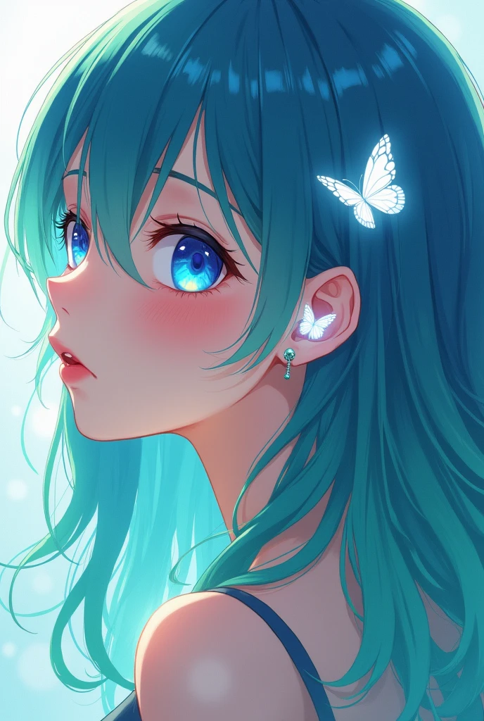 Anime girl with hair blue and green show a butterfly completly piercing hélix so shine and white of 5 mm (so small) in the ear