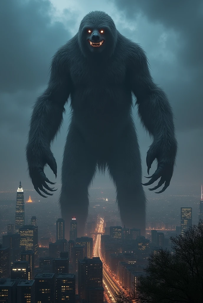 Absolutely massive sloth titan towering over the city of London at night, panoramic shot, giant sloth monster, incredible scale
