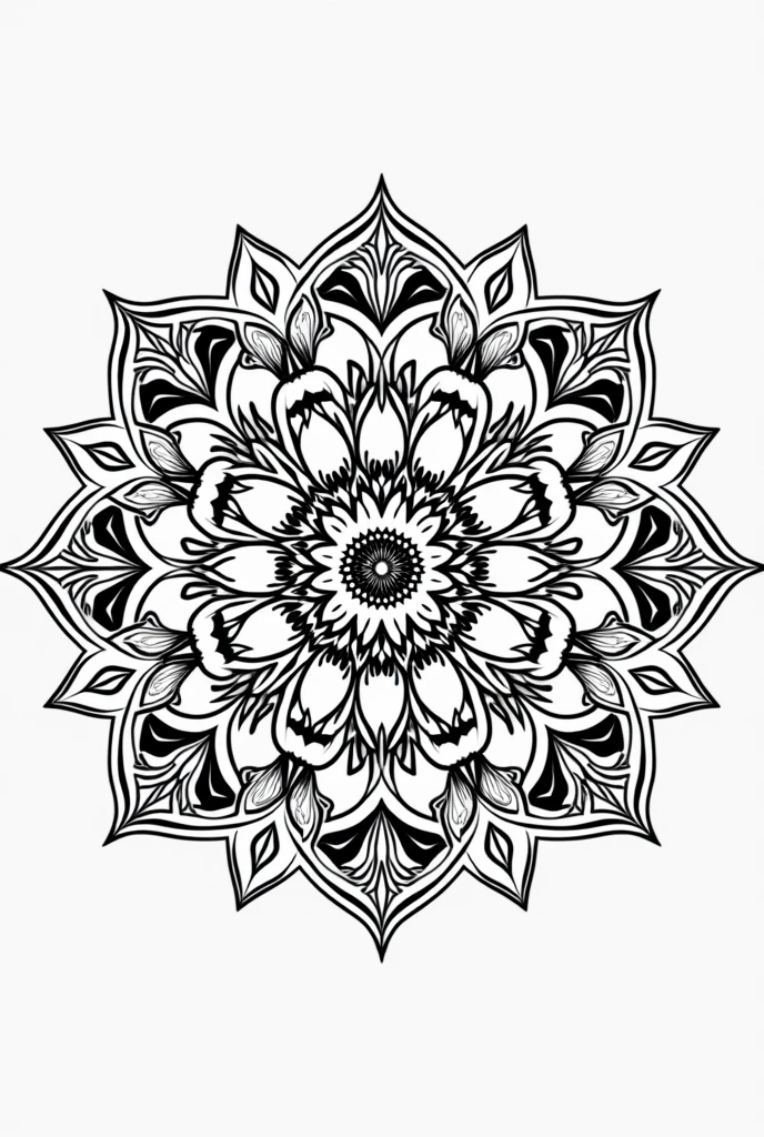 Create an intricate, geometric mandala that combines floral and abstract patterns, focusing on perfect symmetry and a harmonious design. The mandala should feature interlocking circles, triangles, and petal shapes, radiating from a central point, with at least six distinct layers of increasingly complex patterns towards the edges, ensuring the design is clear and suitable for detailed coloring activities. Although intended for coloring, keep the design predominantly black and white. Include subtle lotus flowers at key intersections and incorporate spiral patterns that add depth and texture to the background. The final design should be optimized for adult coloring books, with well-defined sections large enough to be filled in with color easily.