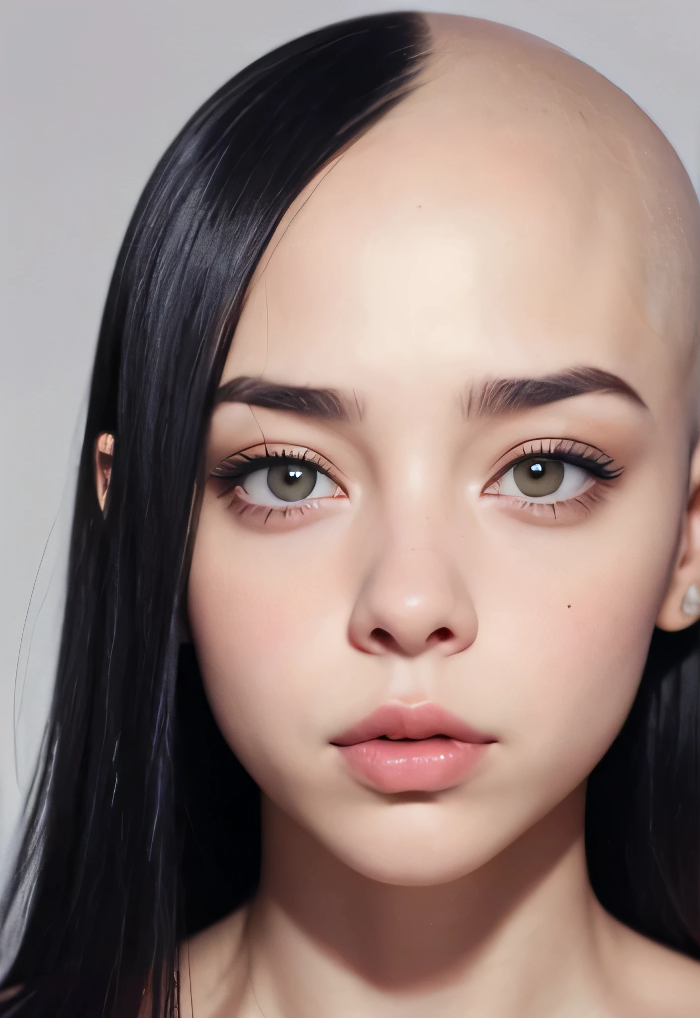 Passport style photo facing forward, Brightly lit front facing Bald Billie eilish Attractive female woman front view, front view focus on face, portrait , face portrait close up, facing the viewer, maintains eye contact, close-up, bald beauty, face centered, symmetrical face, beautiful lips, white skinned sexy griffon female griffon alien no hair her head, with a sexy knock out body, large saggy tits, (Her face is gorgeous), Her skin is smooth, moist, and glossy, perky sharp ears, clean lines, photoshoot, no background, sexual soft skin, sexy extraterrestrials,she has plump juicy lips,
