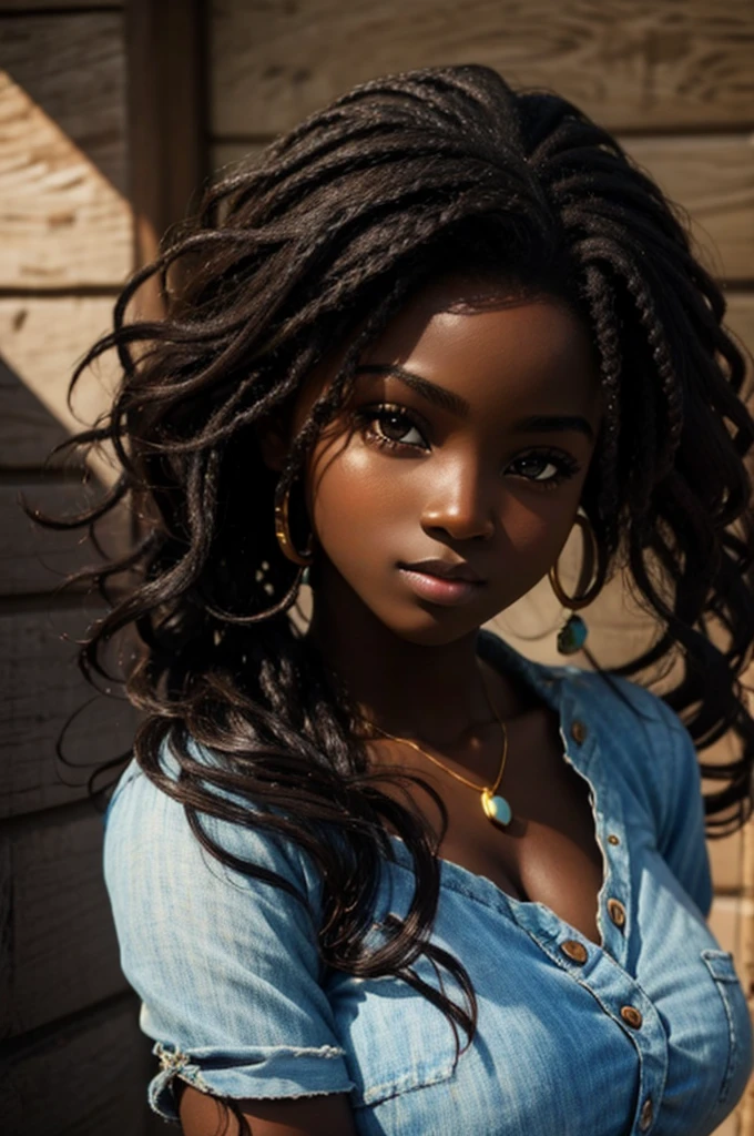 cute hair, chocolate skin, ager, beautiful face, deepest ebony, showing big breasts, SFW, upper body focus, African bright hair beauty