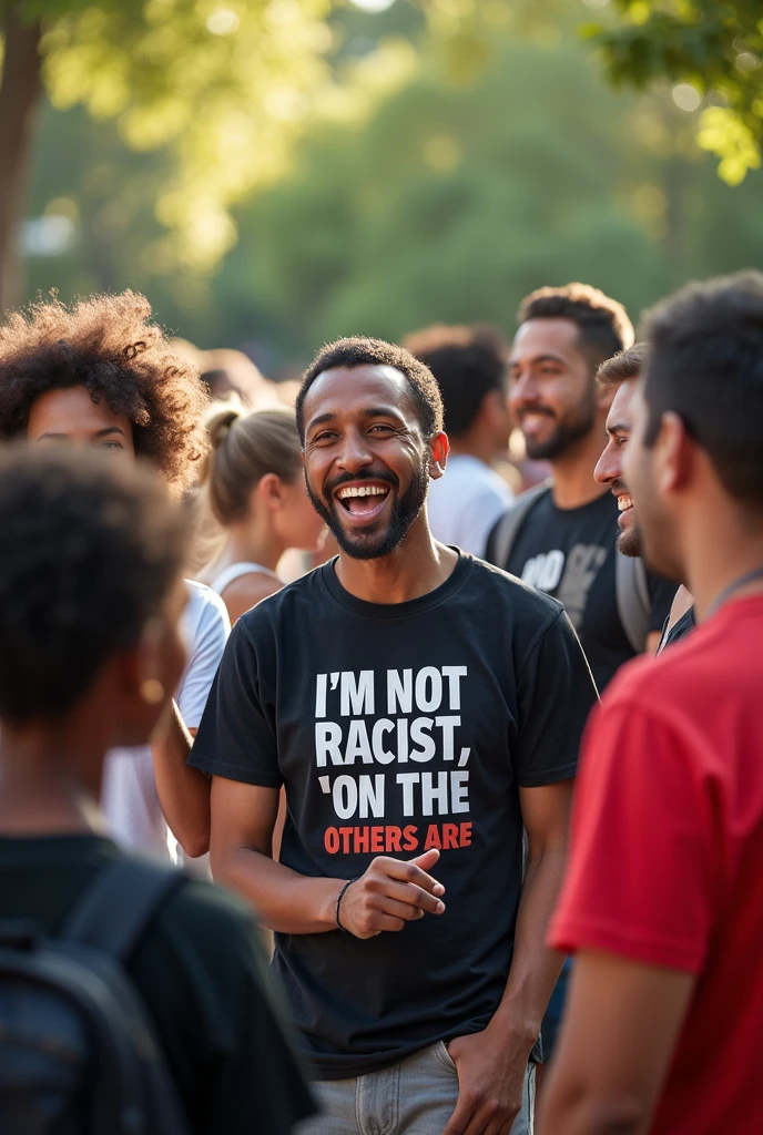 Image of several people socializing and wearing shirts with the word: I&#39;m not racist, the others are 