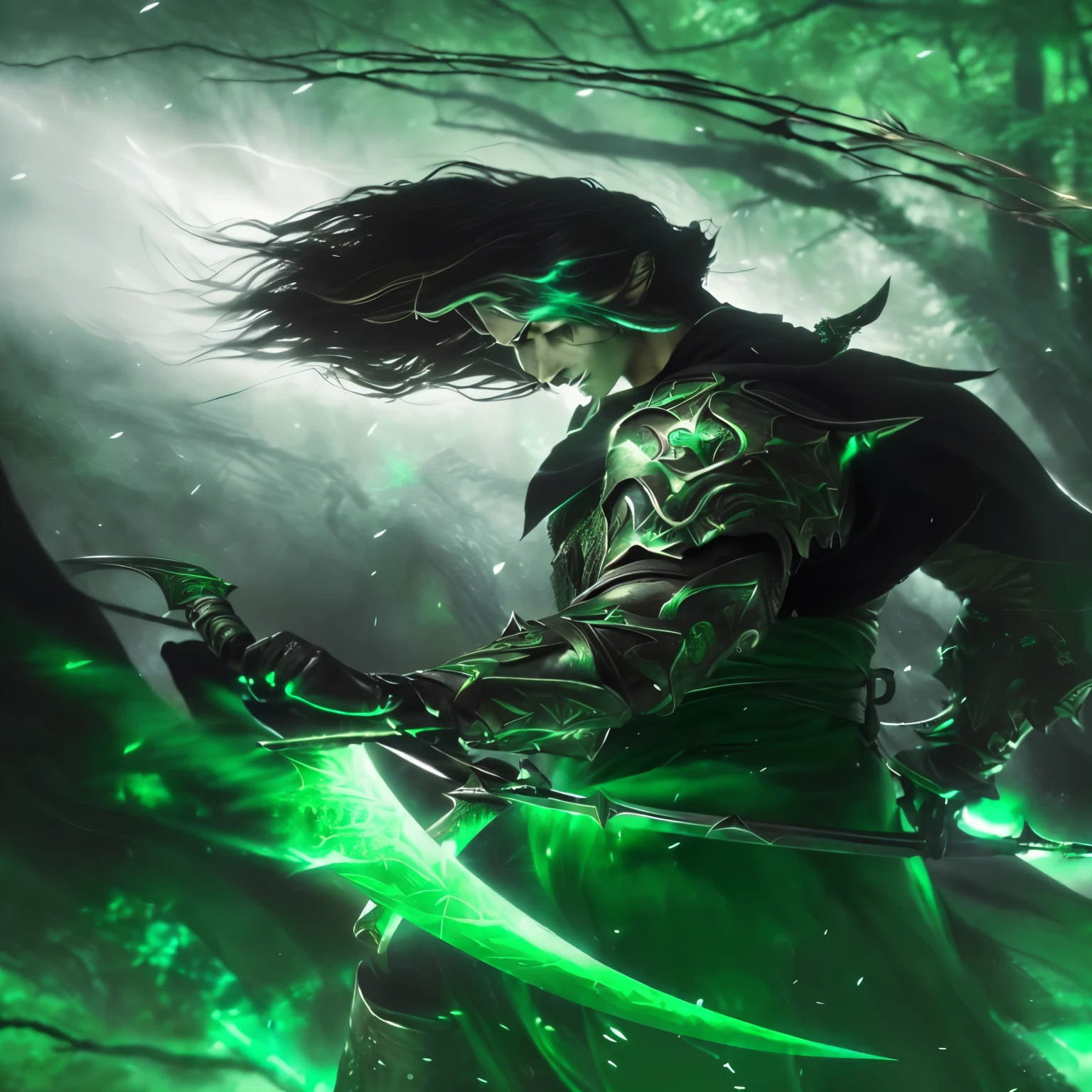 a close up of a person holding a sword in a forest, glowing green soul blade, painted in the style arcane, green armor, epic fantasy art style, epic fantasy digital art style, with glowing runes on the body, avatar image, handsome guy, epic fantasy style art, kaladin stormblessed, epic exquisite character art