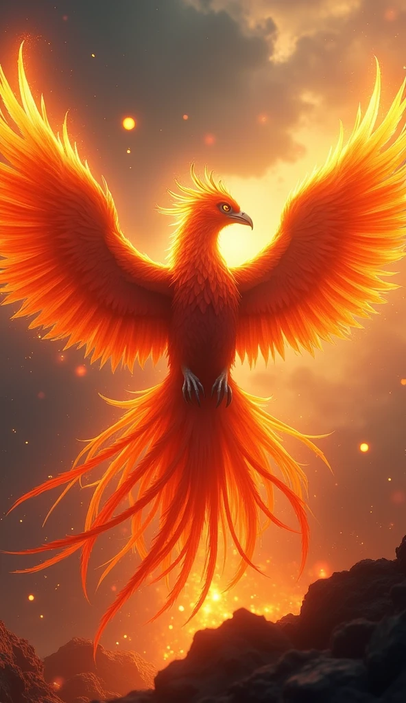 a majestic phoenix, fiery bird with wings outstretched, mythical creature, intricate feathers, glowing embers, phoenix rising from the ashes, dramatic lighting, vibrant colors, (best quality,4k,8k,highres,masterpiece:1.2),ultra-detailed,(realistic,photorealistic,photo-realistic:1.37),dramatic composition,cinematic lighting,volumetric lighting,dramatic shadows,fantasy art,digital painting,vibrant colors,warm color palette