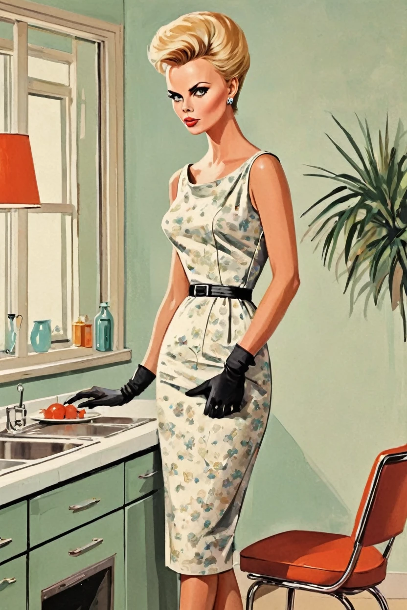 1960, mid century modern decor, illustration by pin-up style Fiona Stevenson, Charlize Theron in 1960., in a housewife's courant dress, high heels and a light-colored hairstyle., sitting in the living room in erotic stockings