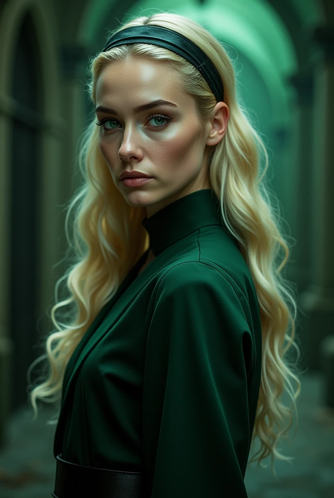 elle a une peau d'ivoire, des yeux verts émeraudes, un regard méchant, de longs cheveux blonds plates avec des boucles anglaises accessoirisé d'un serre tête noir, et elle porte un uniforme de serpentard