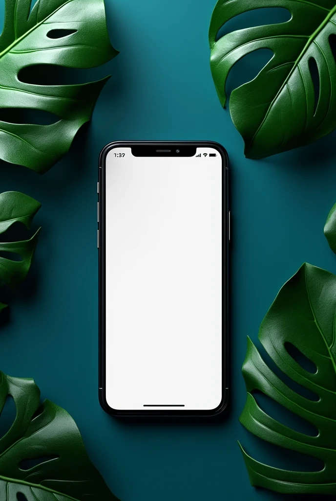 FACEBOOK MOCKUPS POST , ON CELL PHONE, WITH A DARK CYAN BACKGROUND AND LEAVES