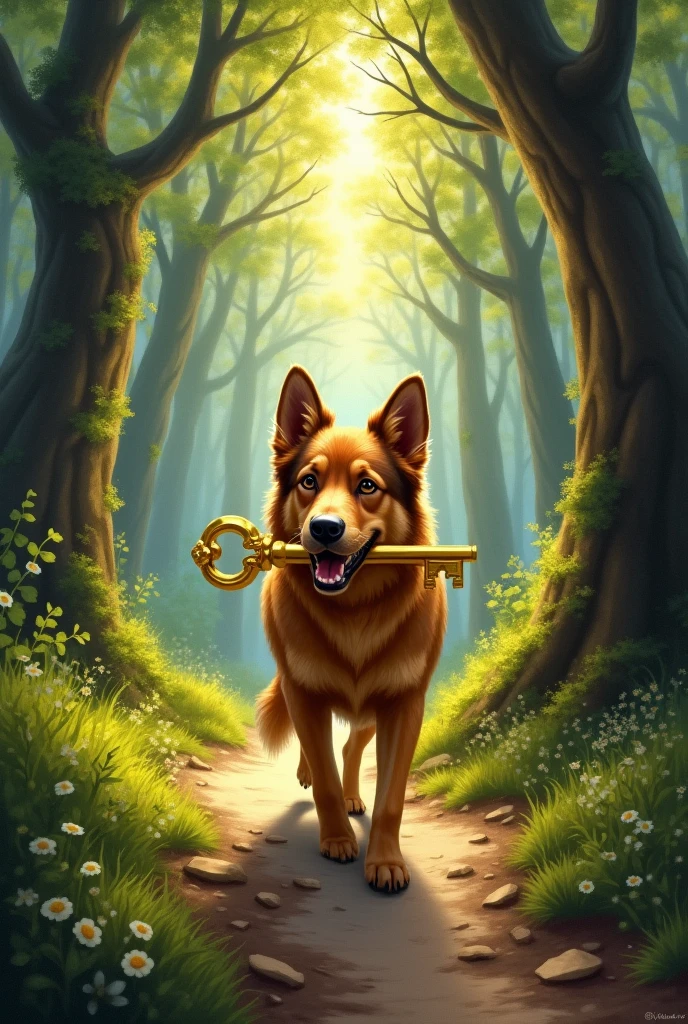 The dog entering the forest by the path surrounded by tall trees with the golden key in his mouth drawing to paint it